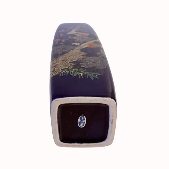 Japanese Peacock Vase Cobalt Blue VTG Tall Square Cylinder Floral Kutani Style - Picture 6 of 16